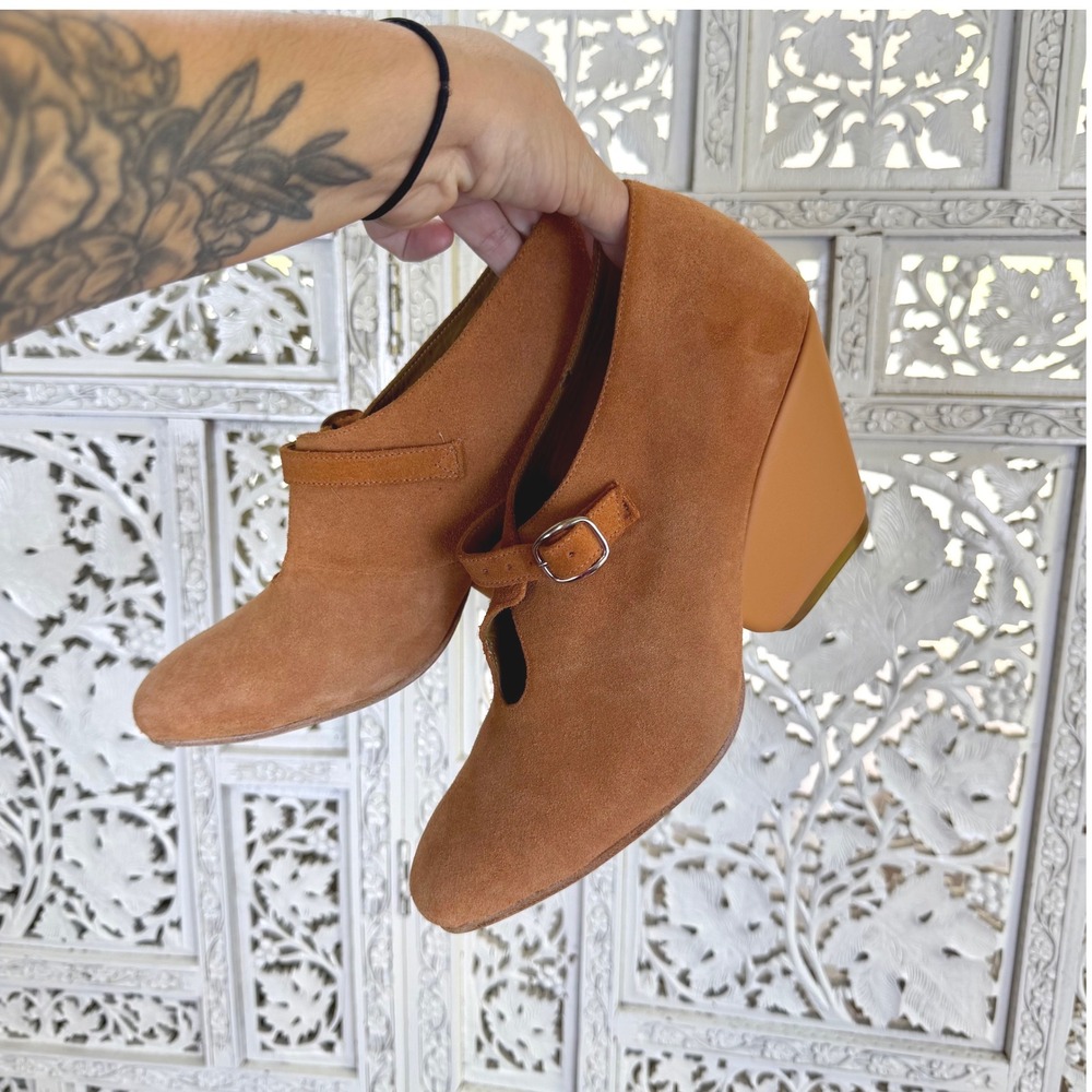 Anthropologie The Palatines Orange Suede Leather Mary Jane Heeled Boots Sz 8